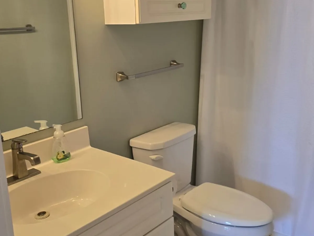 Bathroom with a wiped sink and mirror and a scrubbed toilet
