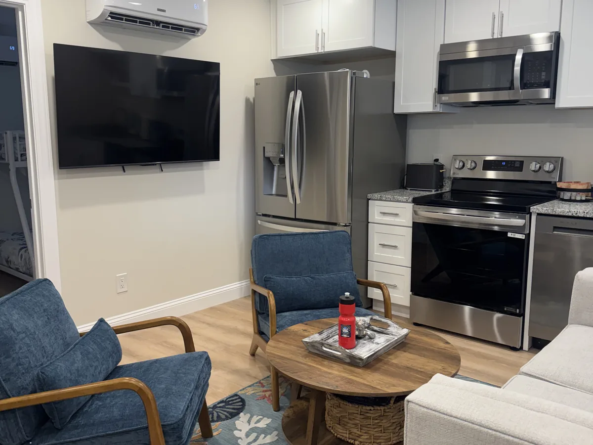 Open living room and kitchen with dusted television, stainless appliances and mopped floor