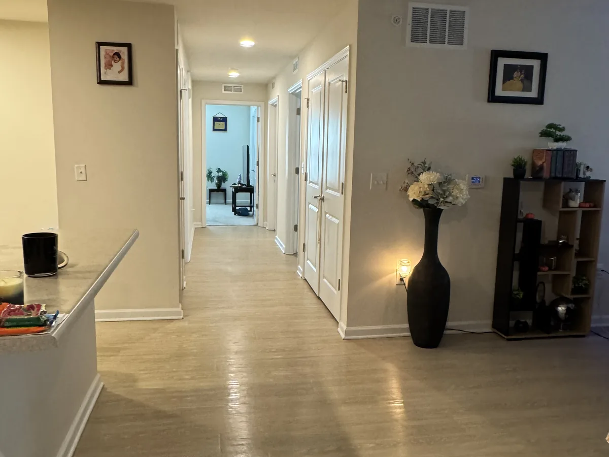 Hallway and entryway with a mopped hardwood floor and dusted console table