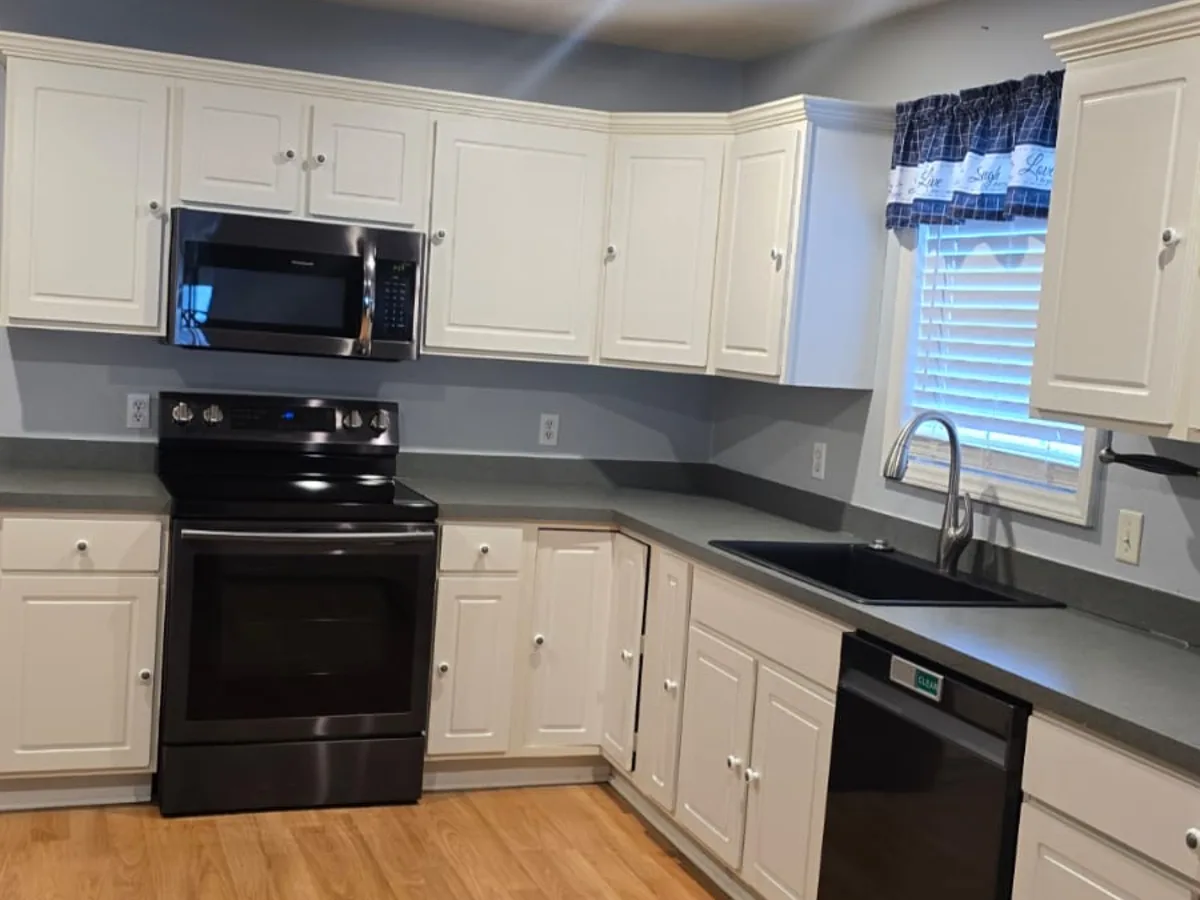 Cleaned black range and dishwasher and dark countertops